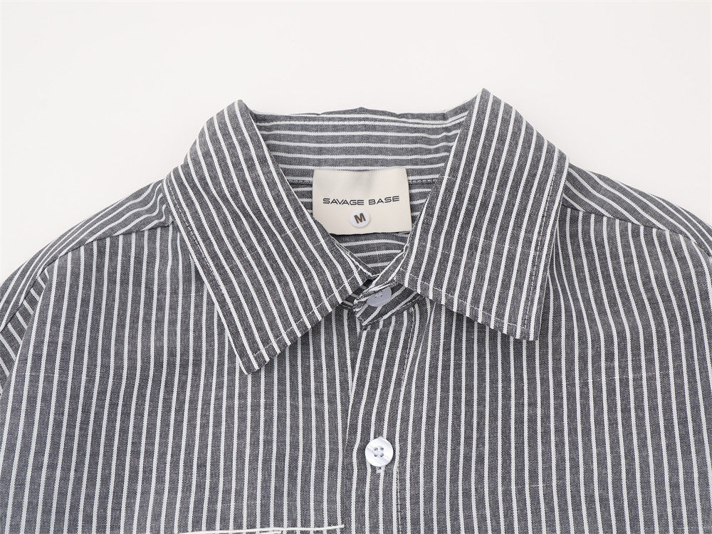 Striped Long-Sleeve Shirt with Cursive Logo Embroidery — Oversized Fit