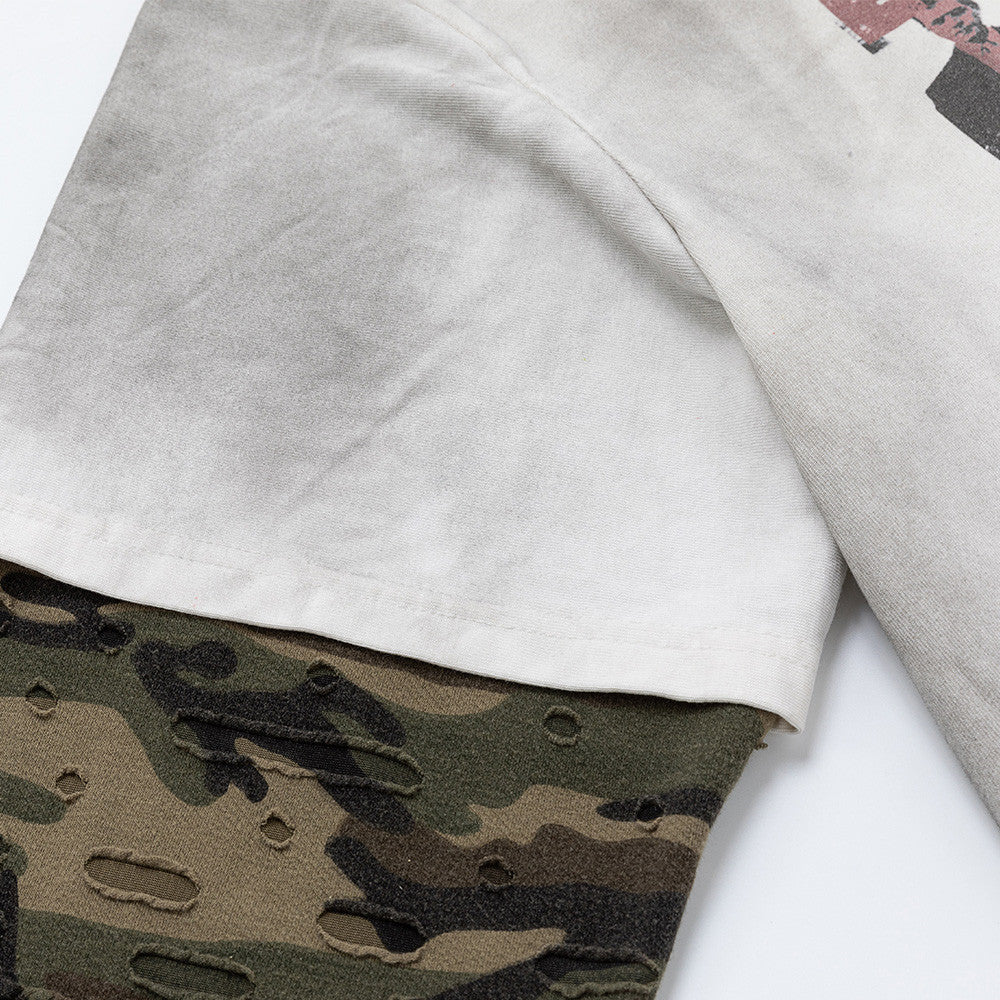Men's Oversized Graphic Tee with Distressed Camo Long Sleeves – Washed White