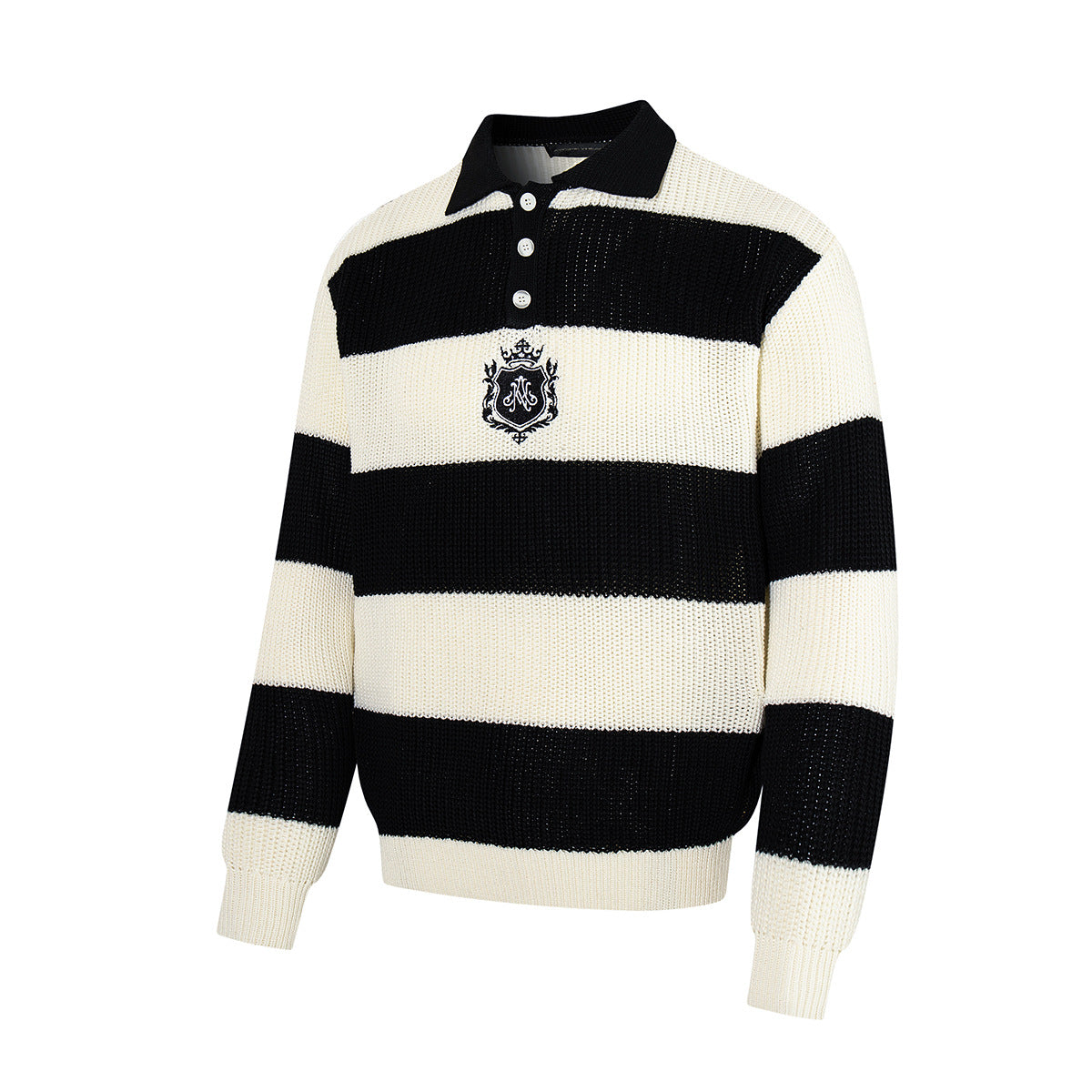 Black and White Striped Sweater – Polo Collar Knit Rugby Pullover