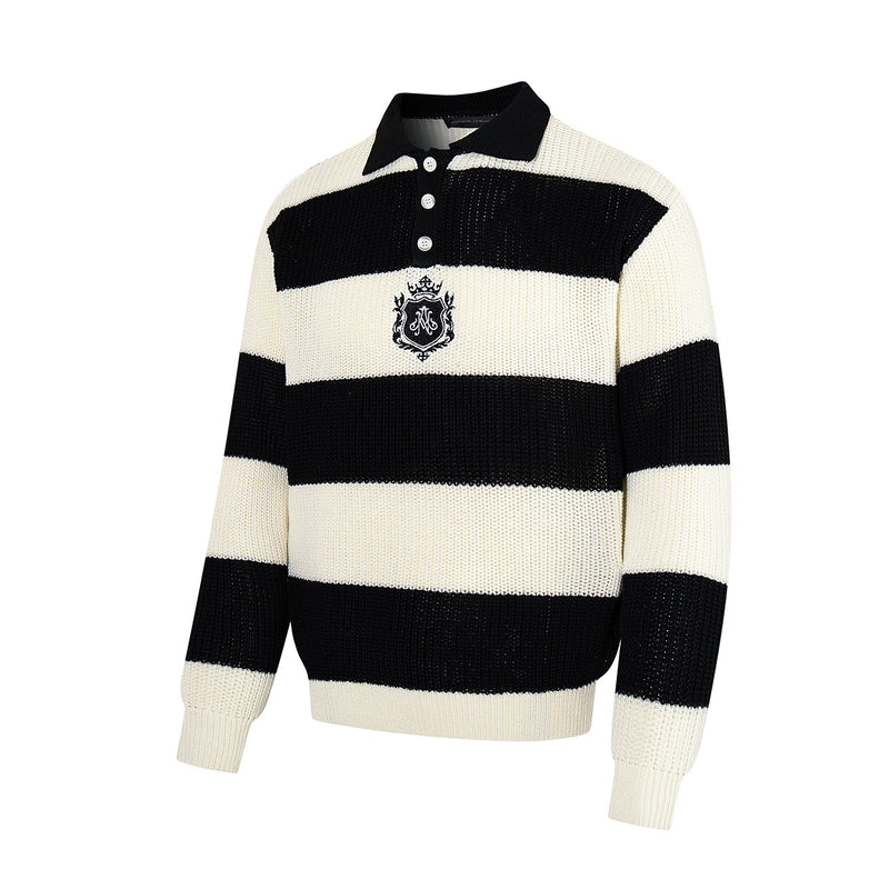Black and White Striped Sweater – Polo Collar Knit Rugby Pullover