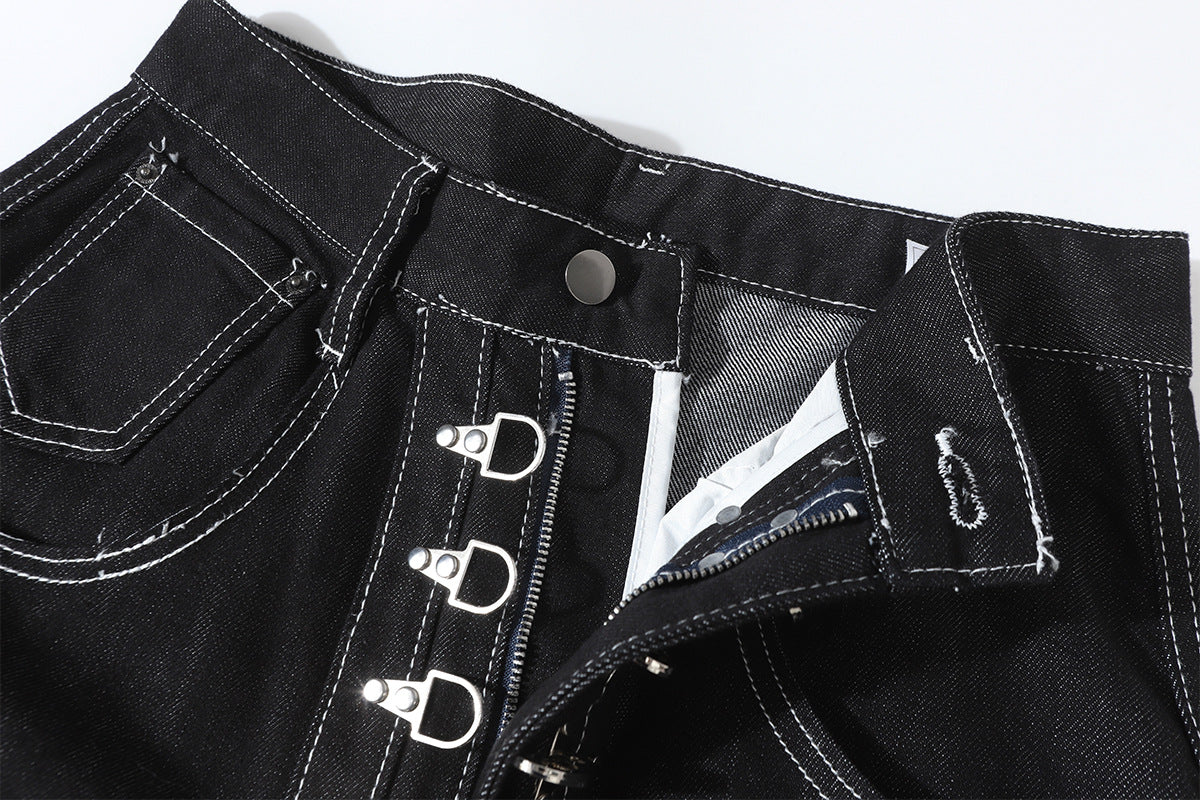 Wide-Leg Baggy Black Jeans with Safety Pin Closures – Streetwear Barrel Fit