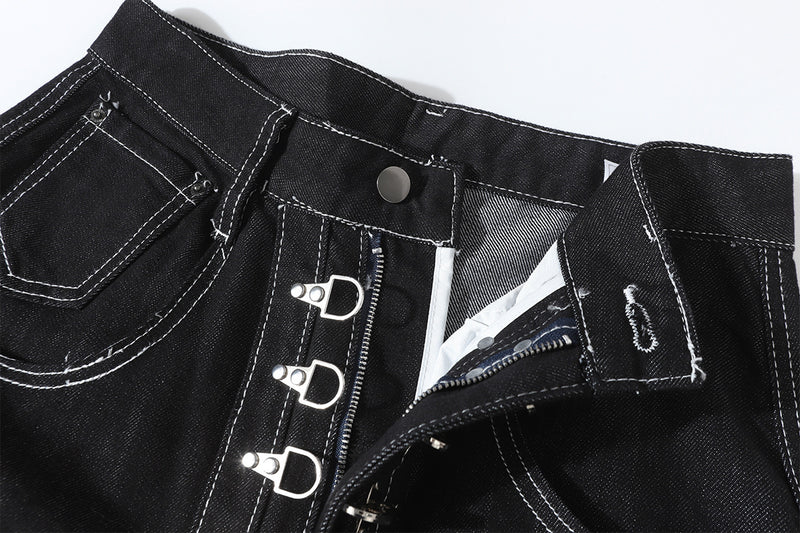Wide-Leg Baggy Black Jeans with Safety Pin Closures – Streetwear Barrel Fit