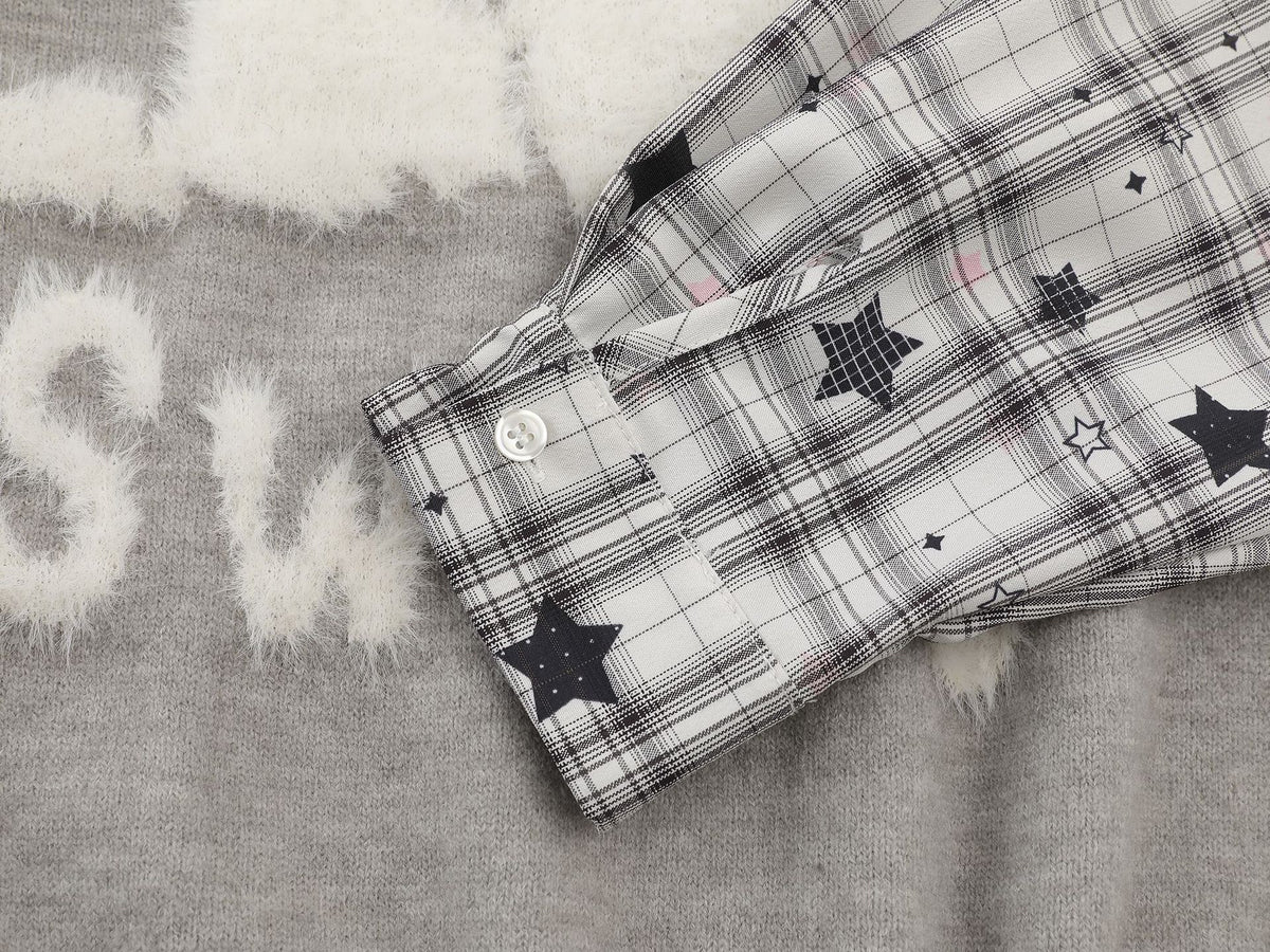 Sweet Cat Fuzzy Knit Sweater with Plaid Shirt Layered Pullover