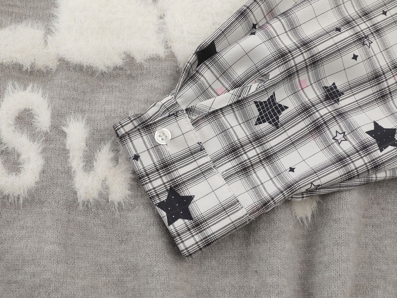 Sweet Cat Fuzzy Knit Sweater with Plaid Shirt Layered Pullover