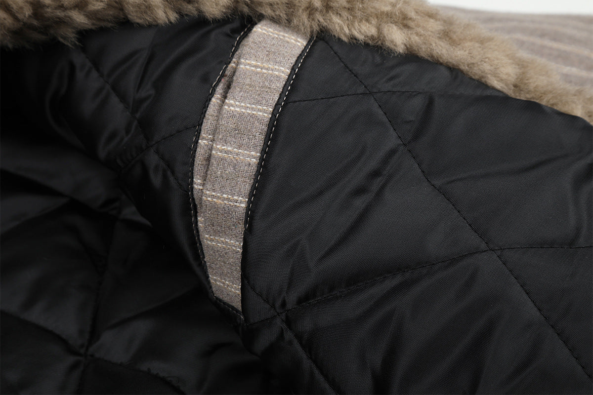 Pinstripe Zip-Up Bomber Jacket with Sherpa Collar & Pocket Trim