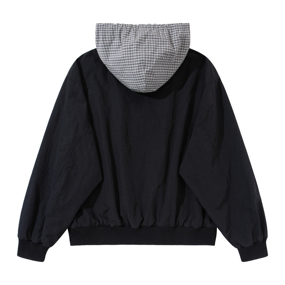 Black Zip Up Hoodie Mens Plaid Contrast Hood Bomber Jacket