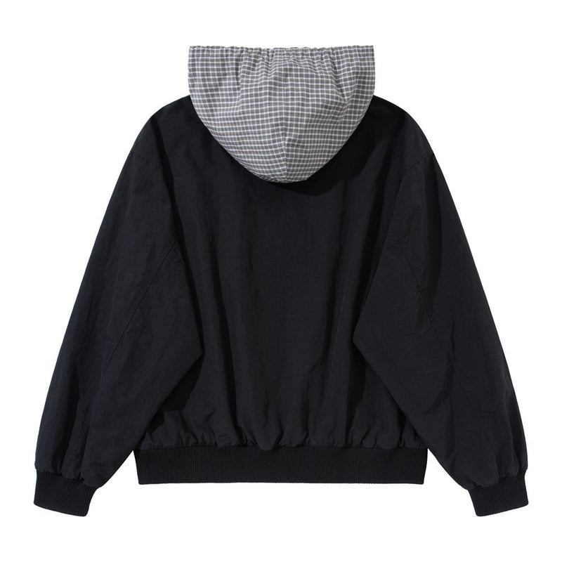 Black Zip Up Hoodie Mens Plaid Contrast Hood Bomber Jacket