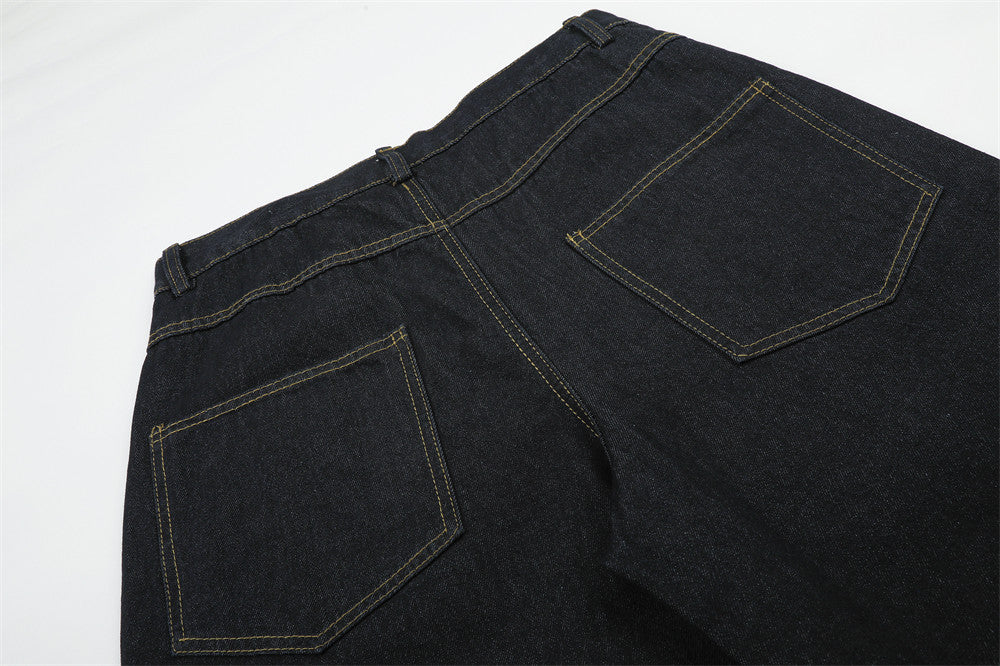Wide-Leg Jeans Men – Dark Wash Denim with Script Embroidery & Faux Fur Cuffs