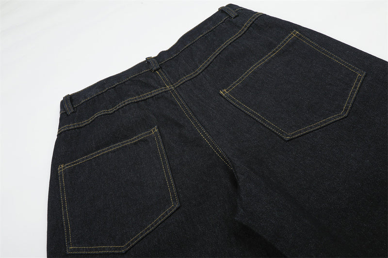 Wide-Leg Jeans Men – Dark Wash Denim with Script Embroidery & Faux Fur Cuffs