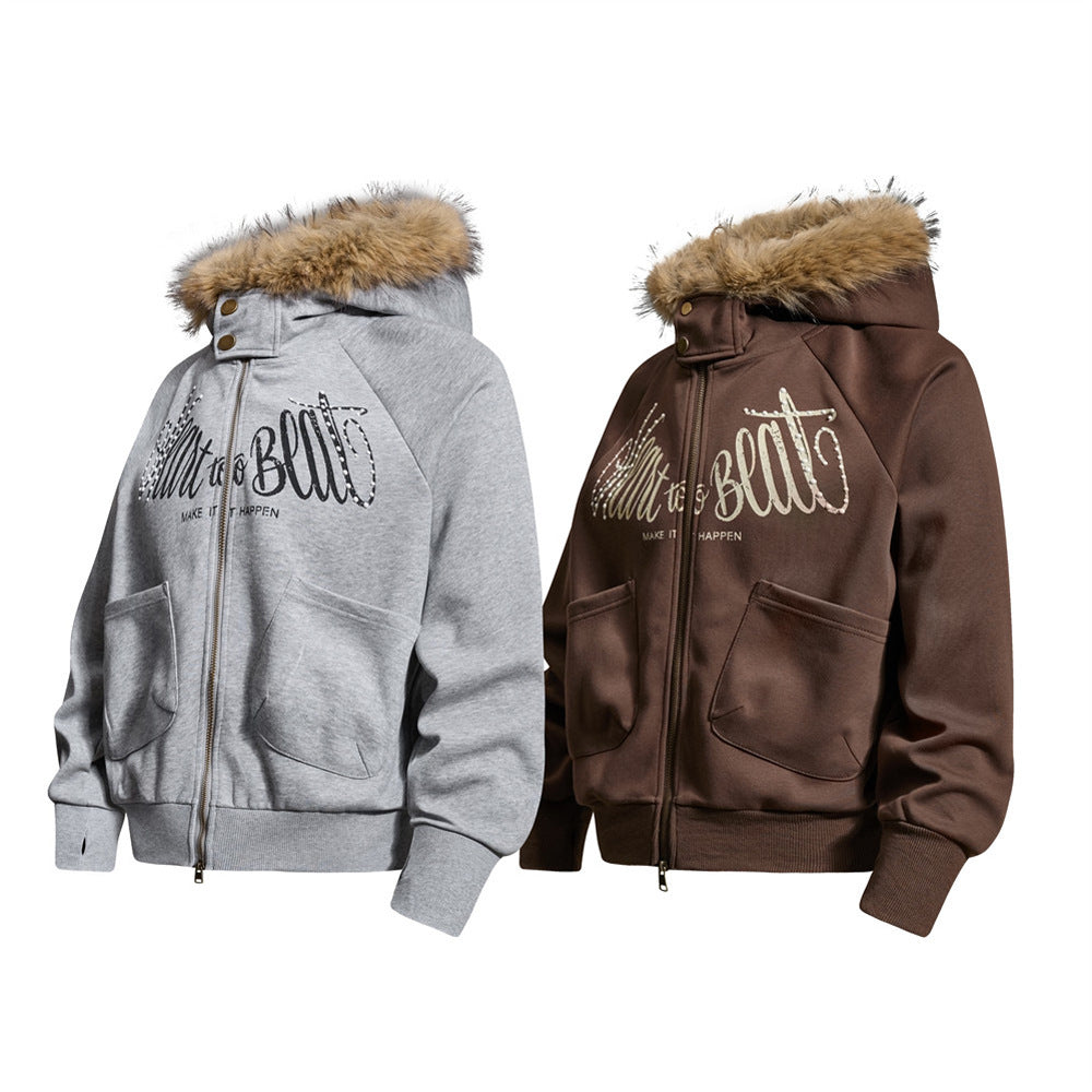 Fur-Trim Zip-Up Hoodie Jacket – Oversized Streetwear with Script Graphic