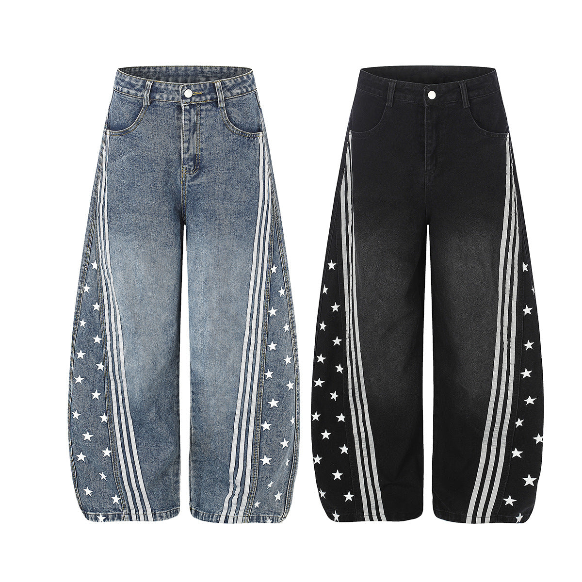 High Waist Baggy Jeans – Star Print Wide-Leg Denim with Triple Stripe Detail