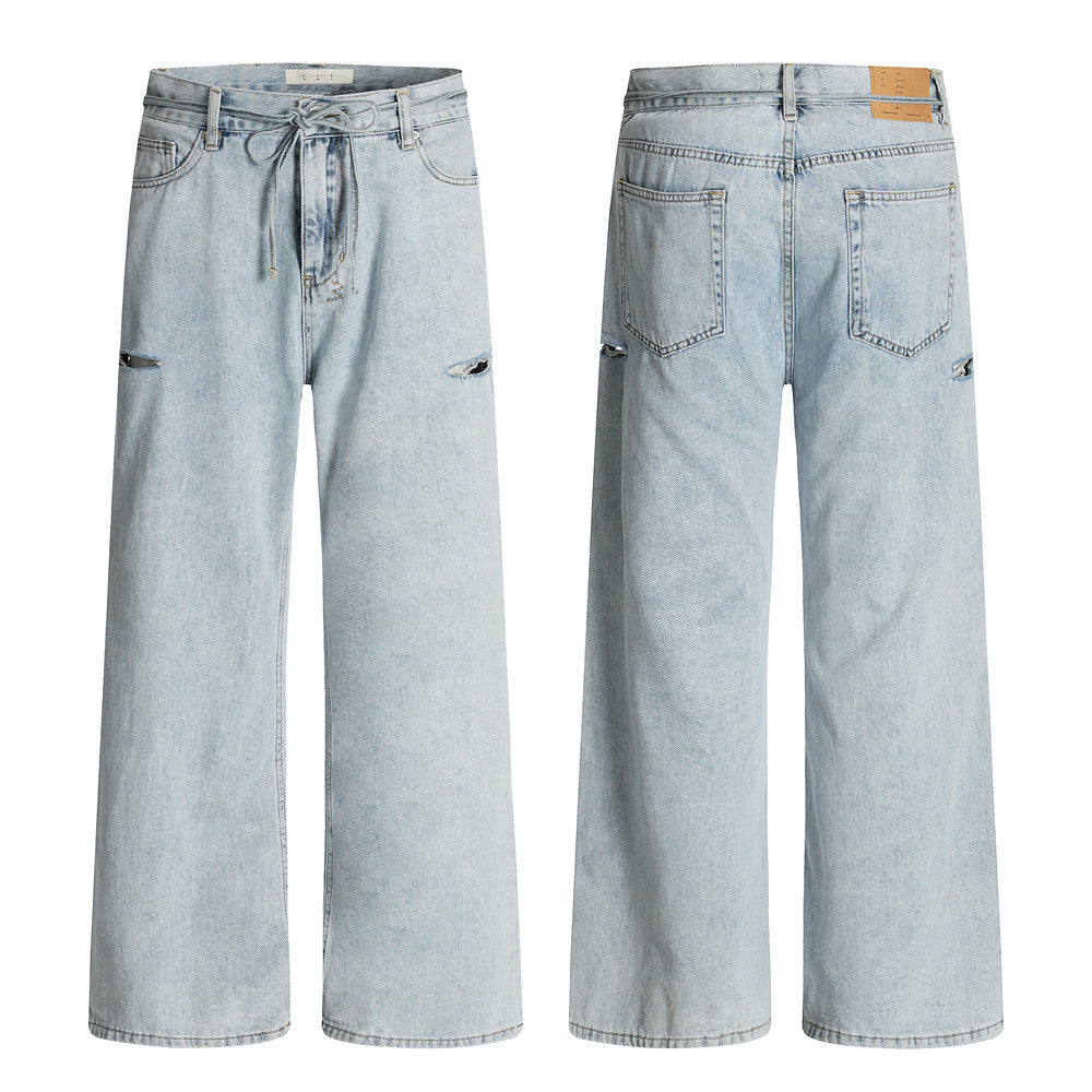 Wide-Leg Distressed Jeans – Light Blue Acid-Washed Straight-Cut Denim with