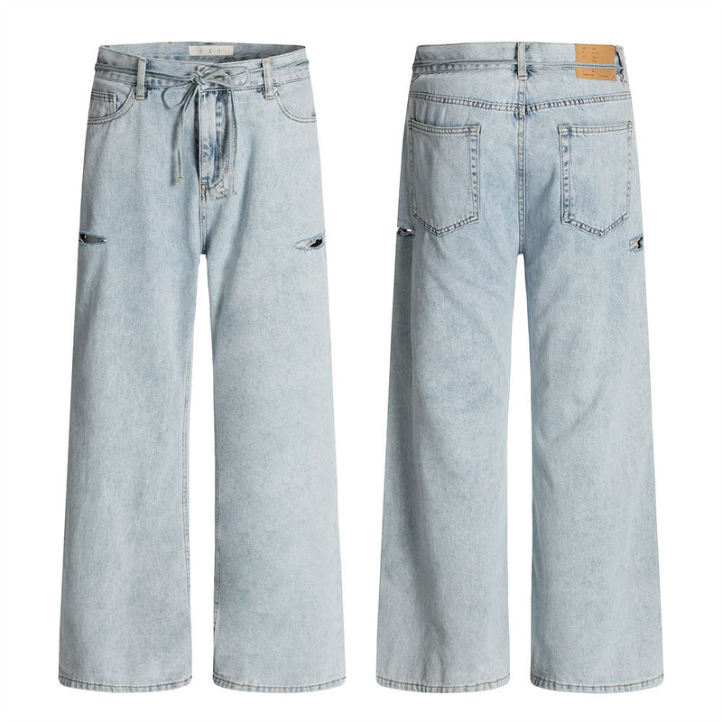 Wide-Leg Distressed Jeans – Light Blue Acid-Washed Straight-Cut Denim with