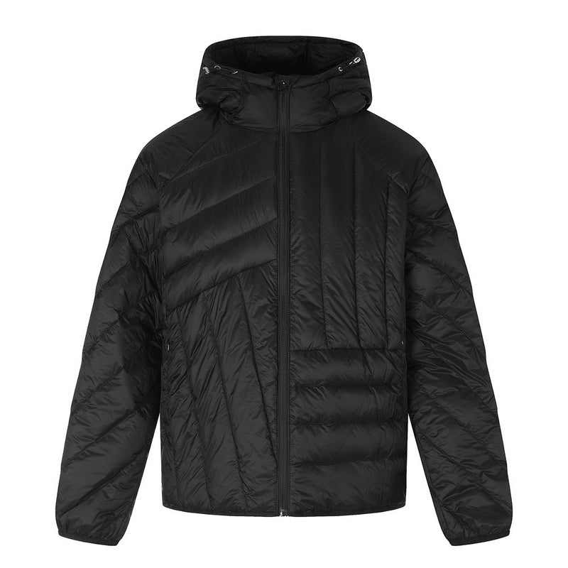 Men's Hooded Puffer Jacket – Irregular Quilted Stitch Design, Ivory & Black