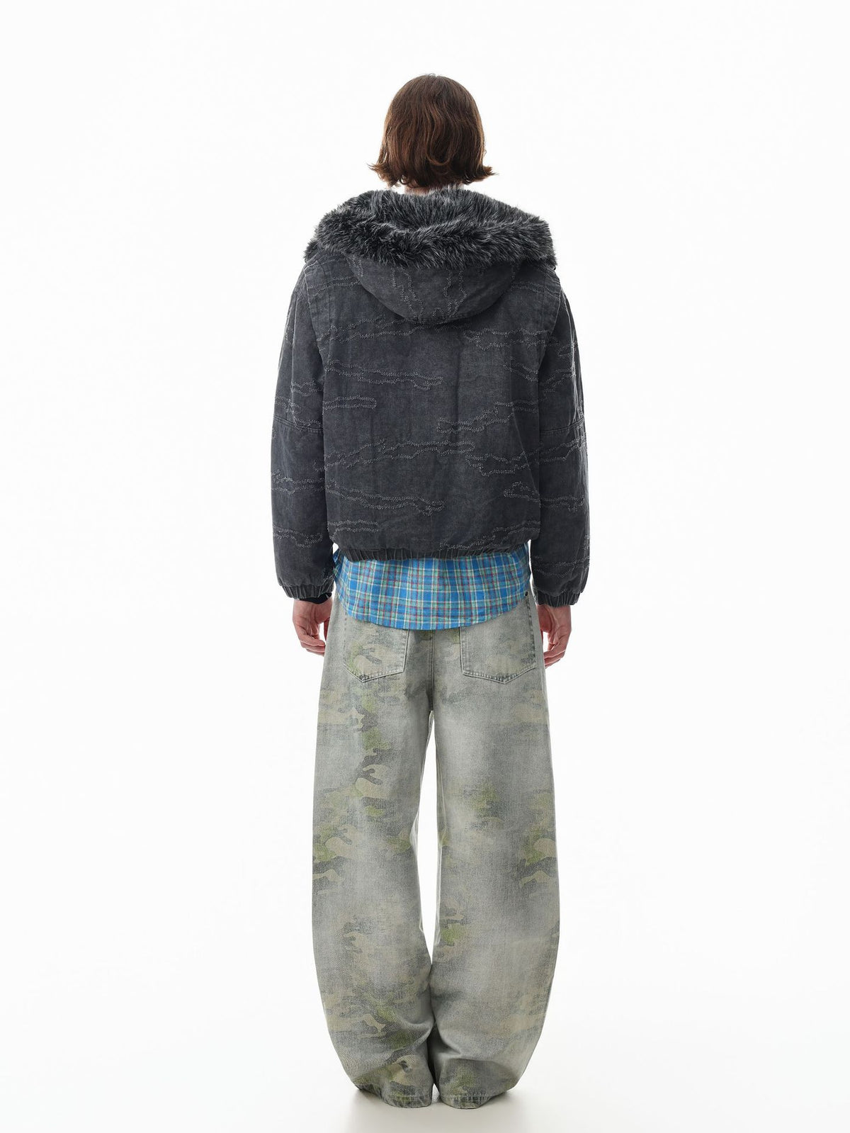 Camo Jacquard Padded Bomber Jacket with Faux Fur Hood