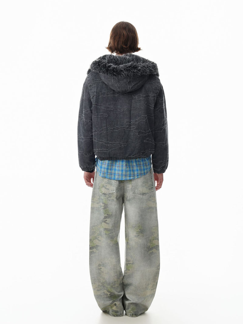 Camo Jacquard Padded Bomber Jacket with Faux Fur Hood