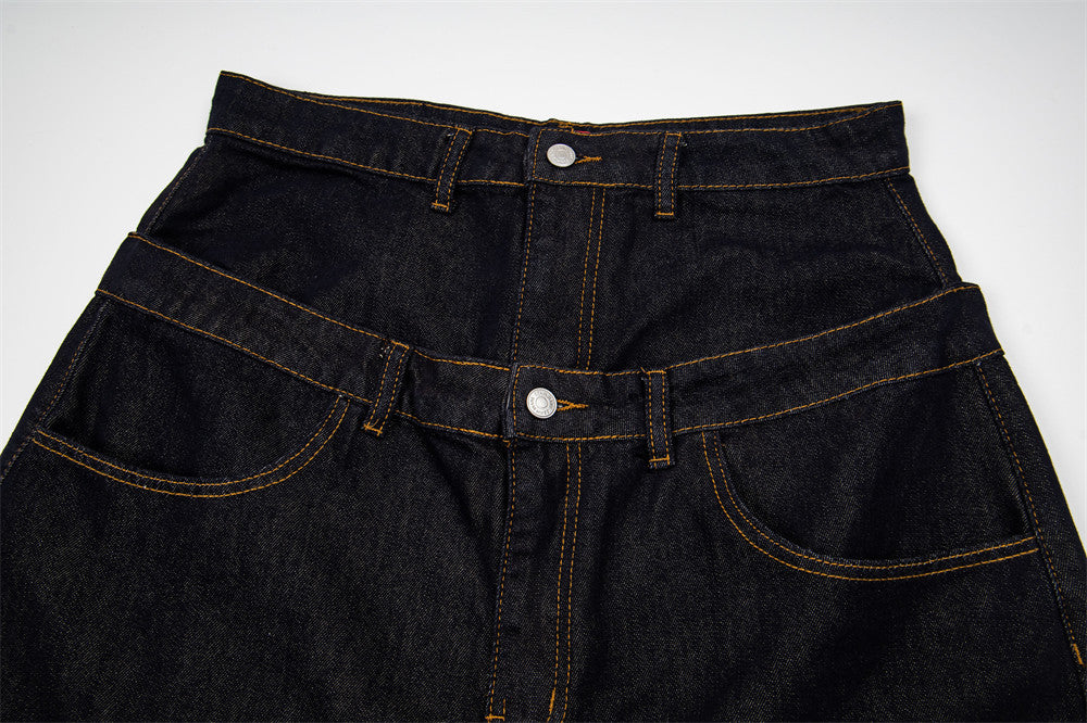 High-Waist Wide-Leg Jeans with Star Embroidery – Double Waistband Baggy Fit