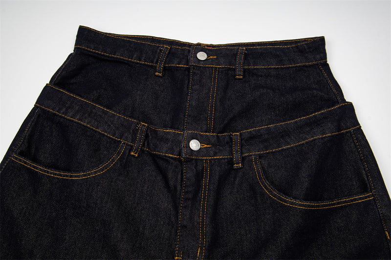 High-Waist Wide-Leg Jeans with Star Embroidery – Double Waistband Baggy Fit