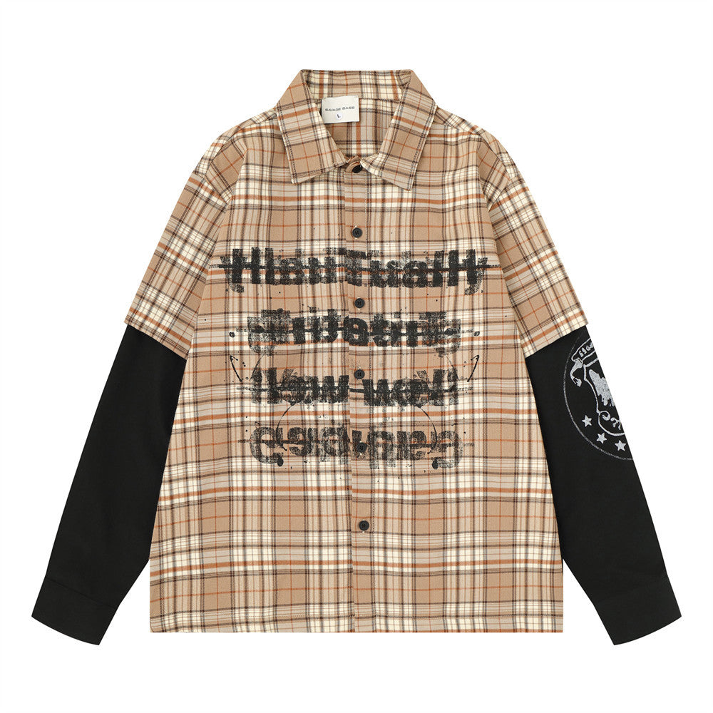 Men's plaid faux two-piece long sleeve shirt with distressed punk letter print and contrast black sleeves in tan colorway