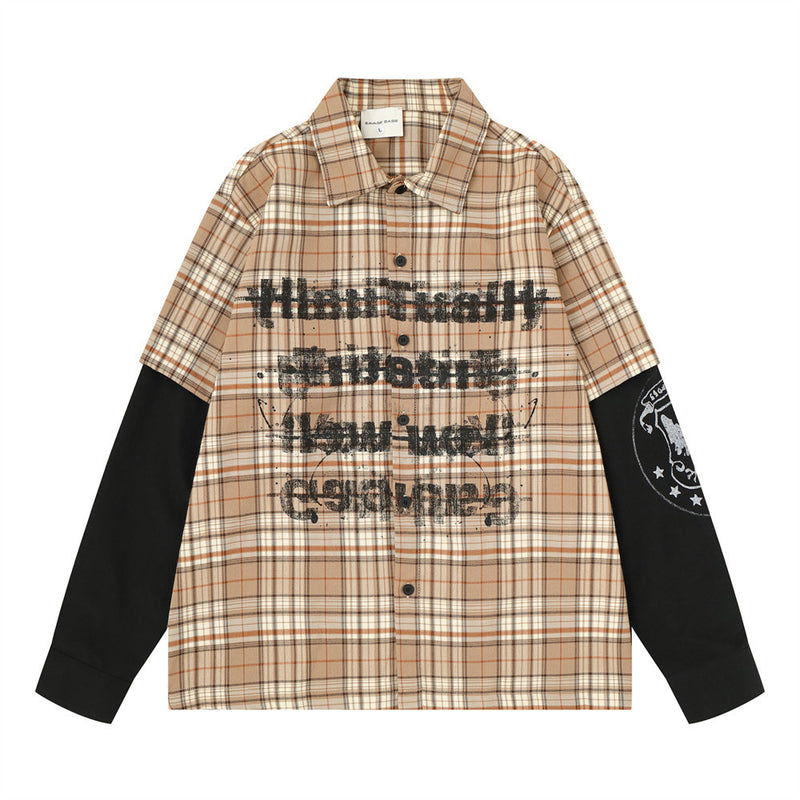 Men's plaid faux two-piece long sleeve shirt with distressed punk letter print and contrast black sleeves in tan colorway