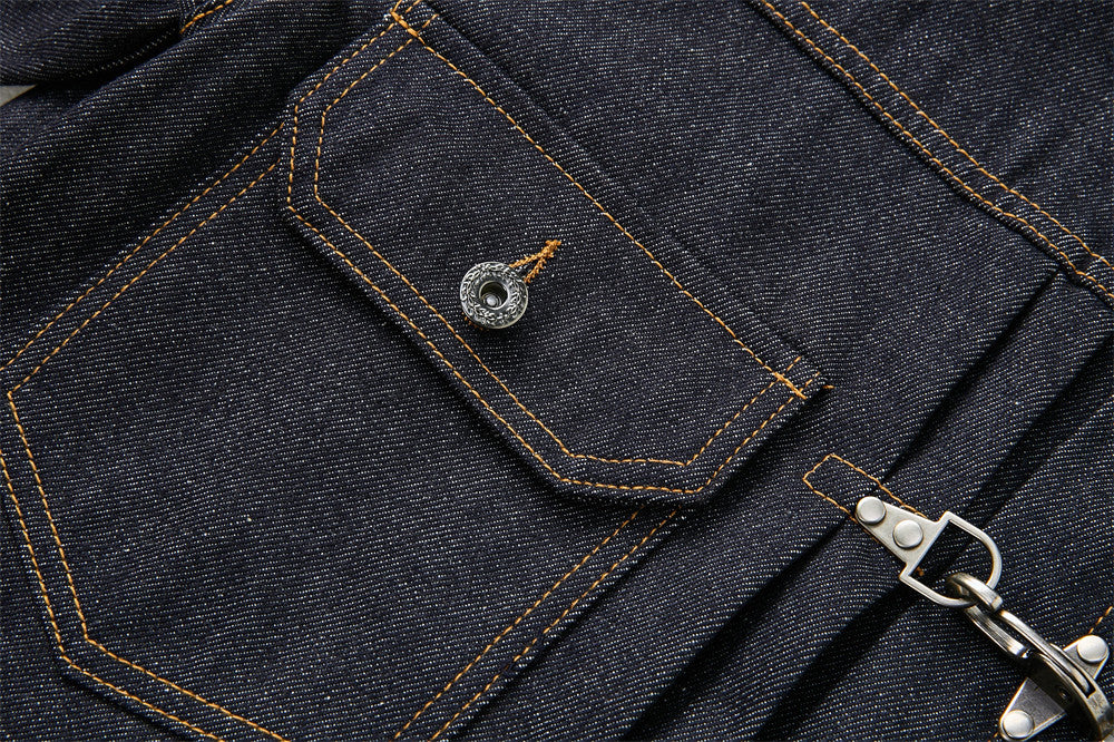 Men's Dark Indigo Denim Jacket with Metal Buckle Pleated Front Detail