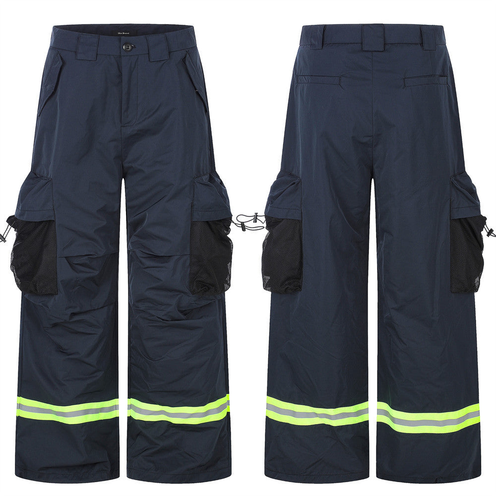 Tactical Wide-Leg Cargo Pants with Reflective Strips & Mesh Pockets