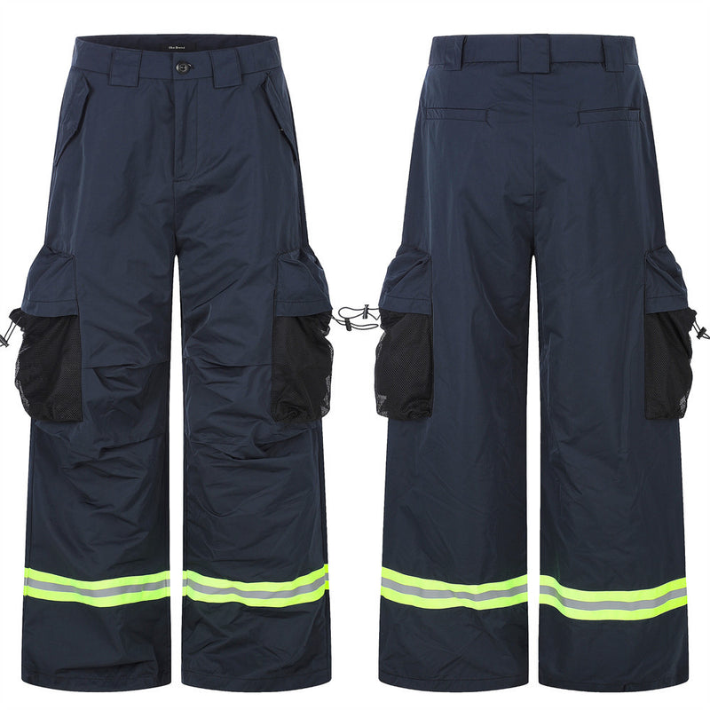 Tactical Wide-Leg Cargo Pants with Reflective Strips & Mesh Pockets