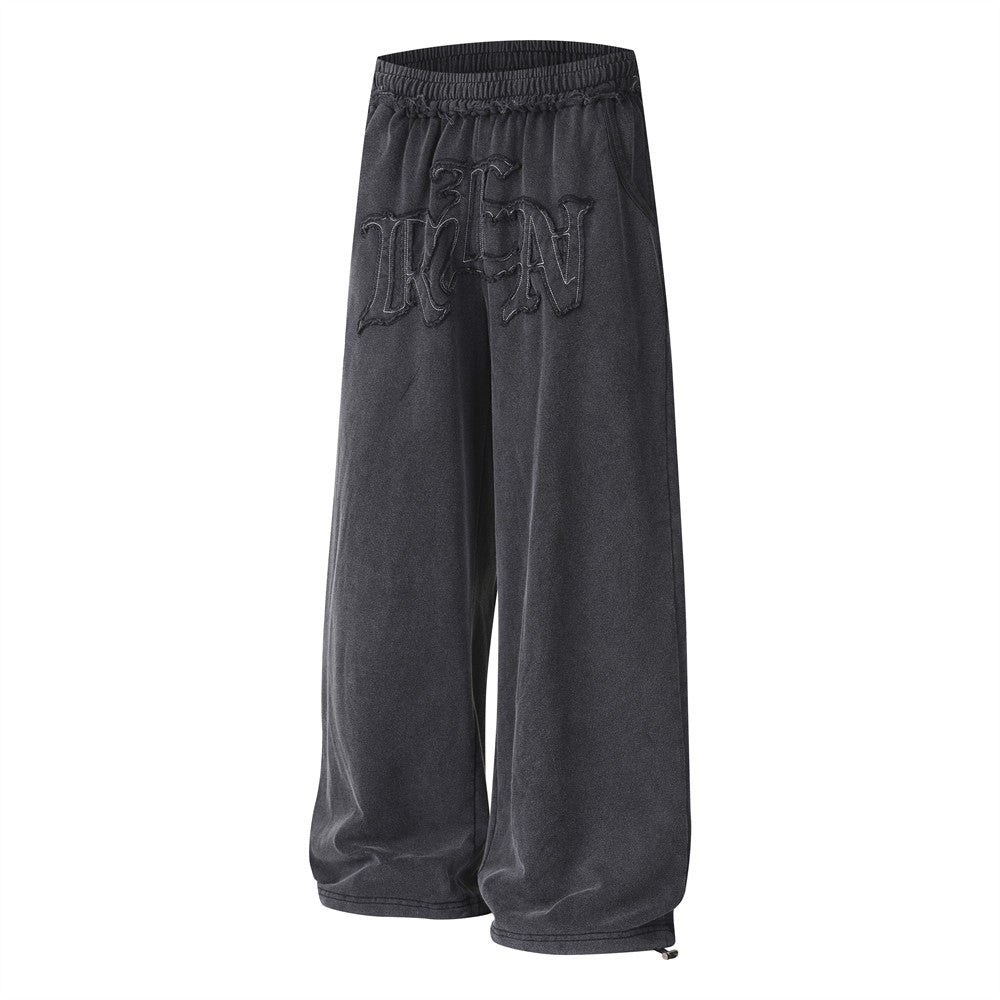 Pantalon de survêtement à jambes larges avec appliqué de lettres gothiques – Streetwear vintage délavé à l’acide