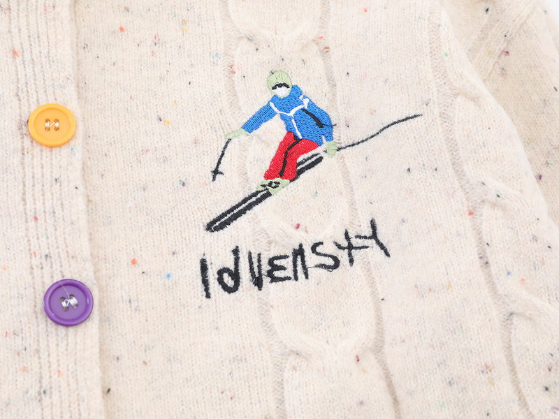 Cable Knit Cardigan Sweater with Cartoon Sport Embroidery & Colorful Buttons