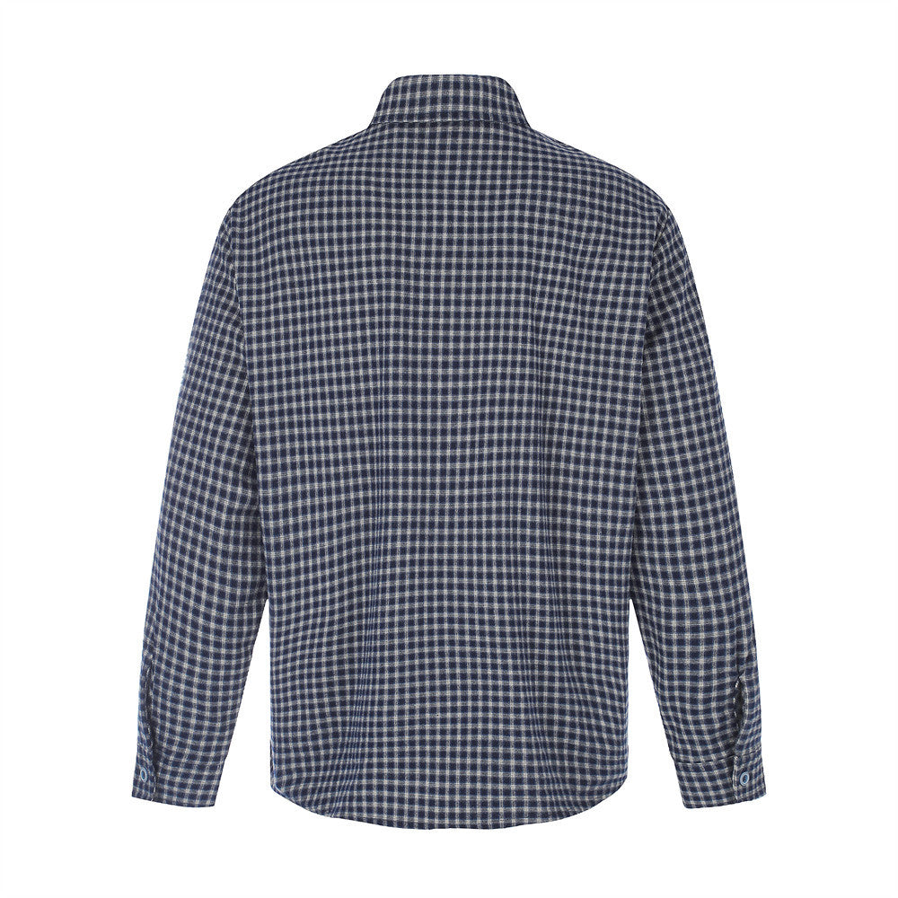 Men's Plaid Flannel Oversized Button-Down Shirt with Embroidered Pocket Patch