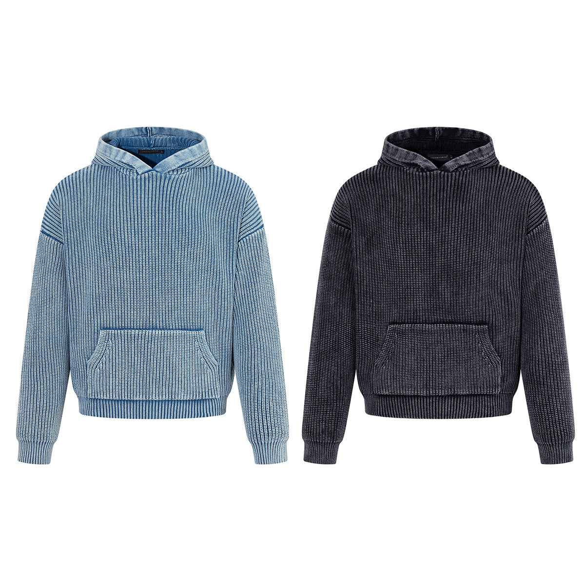 Washed Ribbed Knit Hoodie Sweater – Vintage Acid-Wash Oversized Pullover