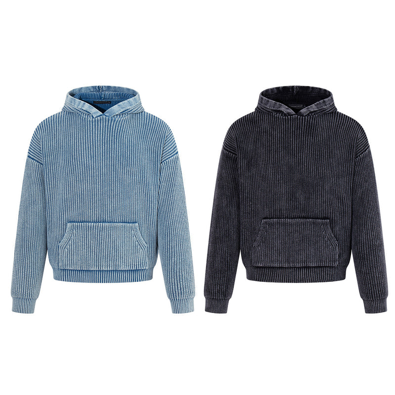 Washed Ribbed Knit Hoodie Sweater – Vintage Acid-Wash Oversized Pullover