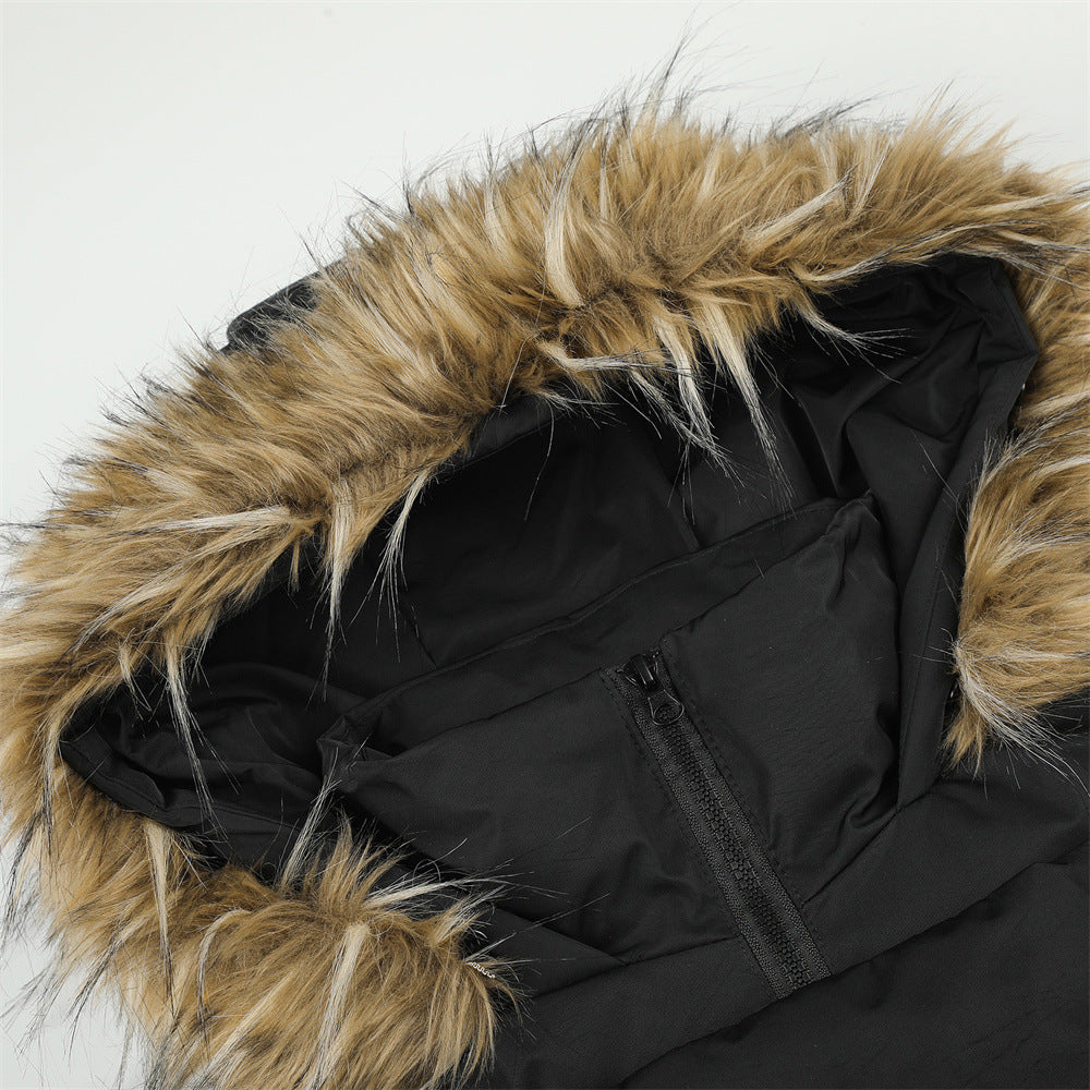 Fur-Trim Hooded Bomber Down Jacket – Oversized Fit with Stand Collar