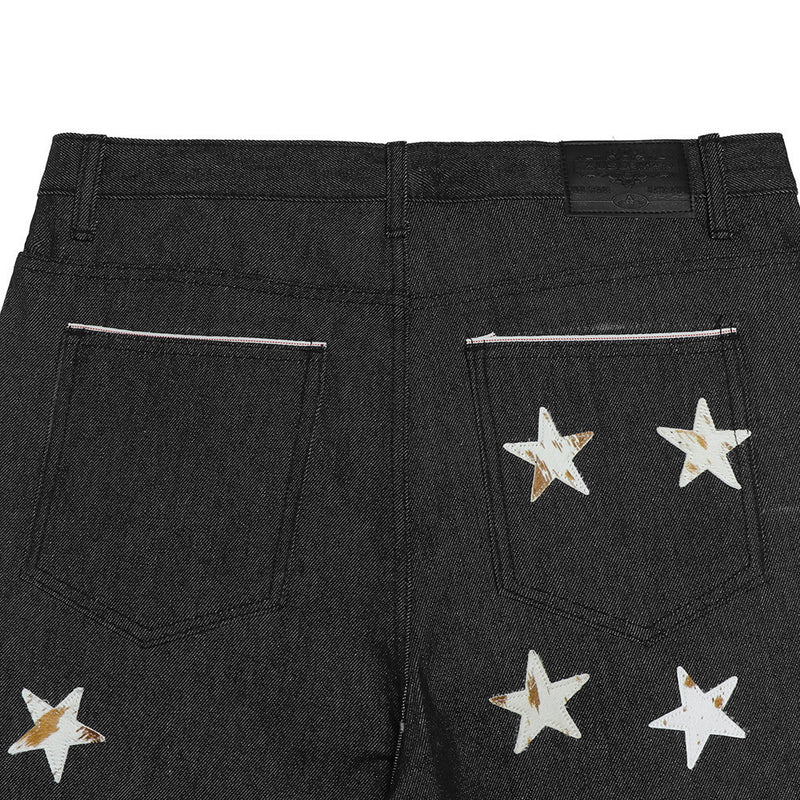 Wide-Leg-Raw-Denim-Jeans – Schwarze Herrenjeans mit Stern-Patches, Straight Fit