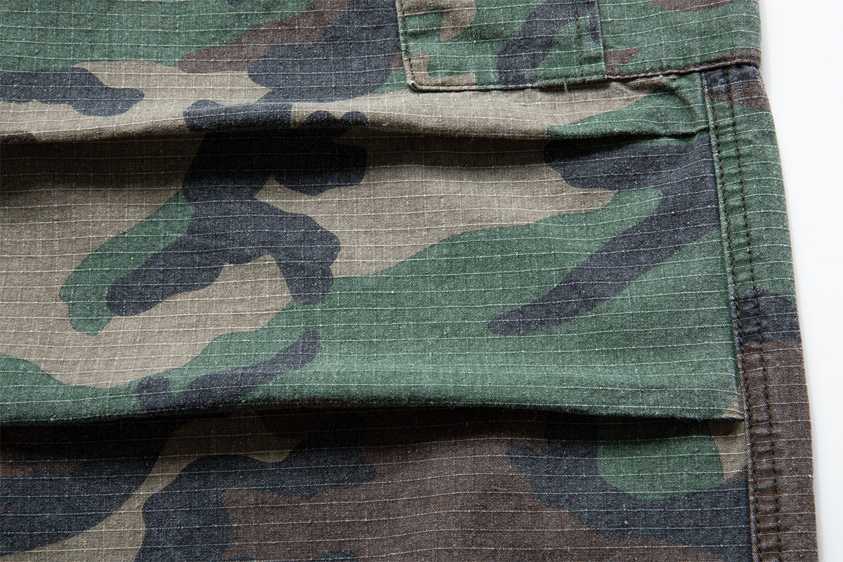 Woodland Camo Wide-Leg Cargo Pants – Washed Vintage Military Style