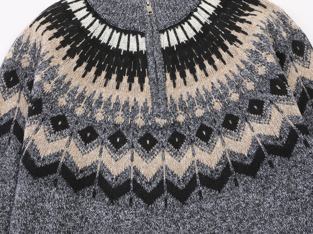 Fair Isle Jacquard Knit Zip-Up Sweater – Vintage Half-Zip Pullover
