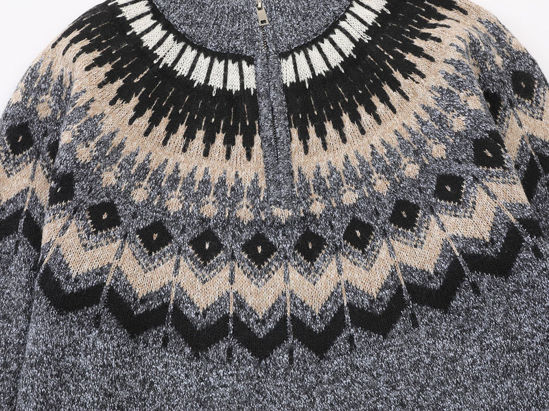 Fair Isle Jacquard Knit Zip-Up Sweater – Vintage Half-Zip Pullover
