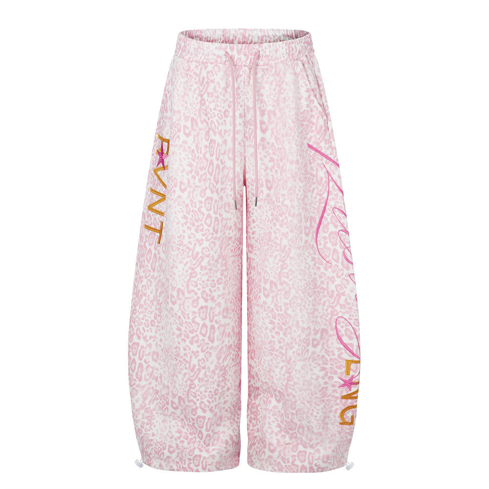 Pink Leopard Print Wide-Leg Sweatpants with Letter Embroidery