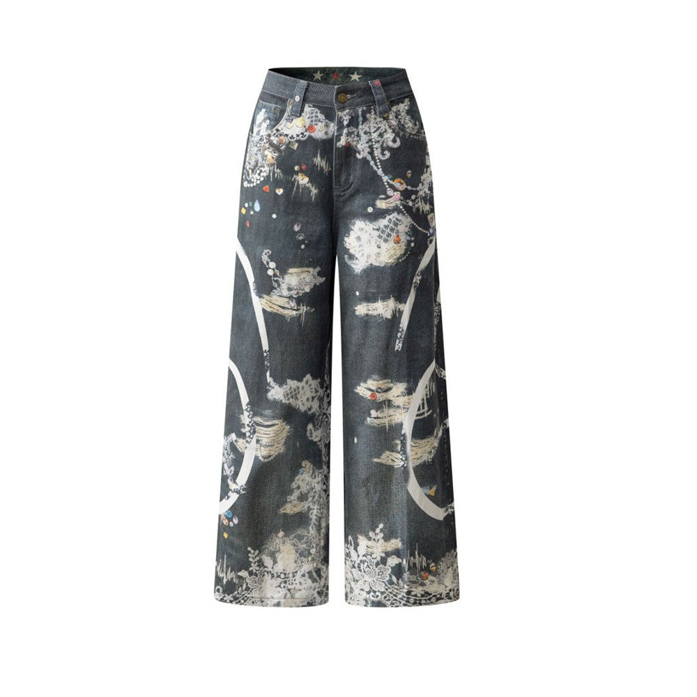 Loose Jeans for Men – Graffiti 3D Print Wide-Leg Dark Wash Denim