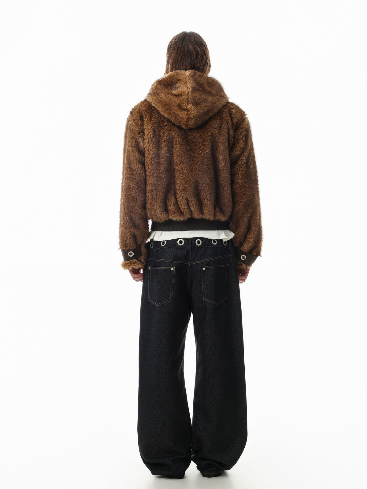 Faux Fur Hooded Bomber Jacket – Brown Oversized Winter Coat with Grommet Cuffs