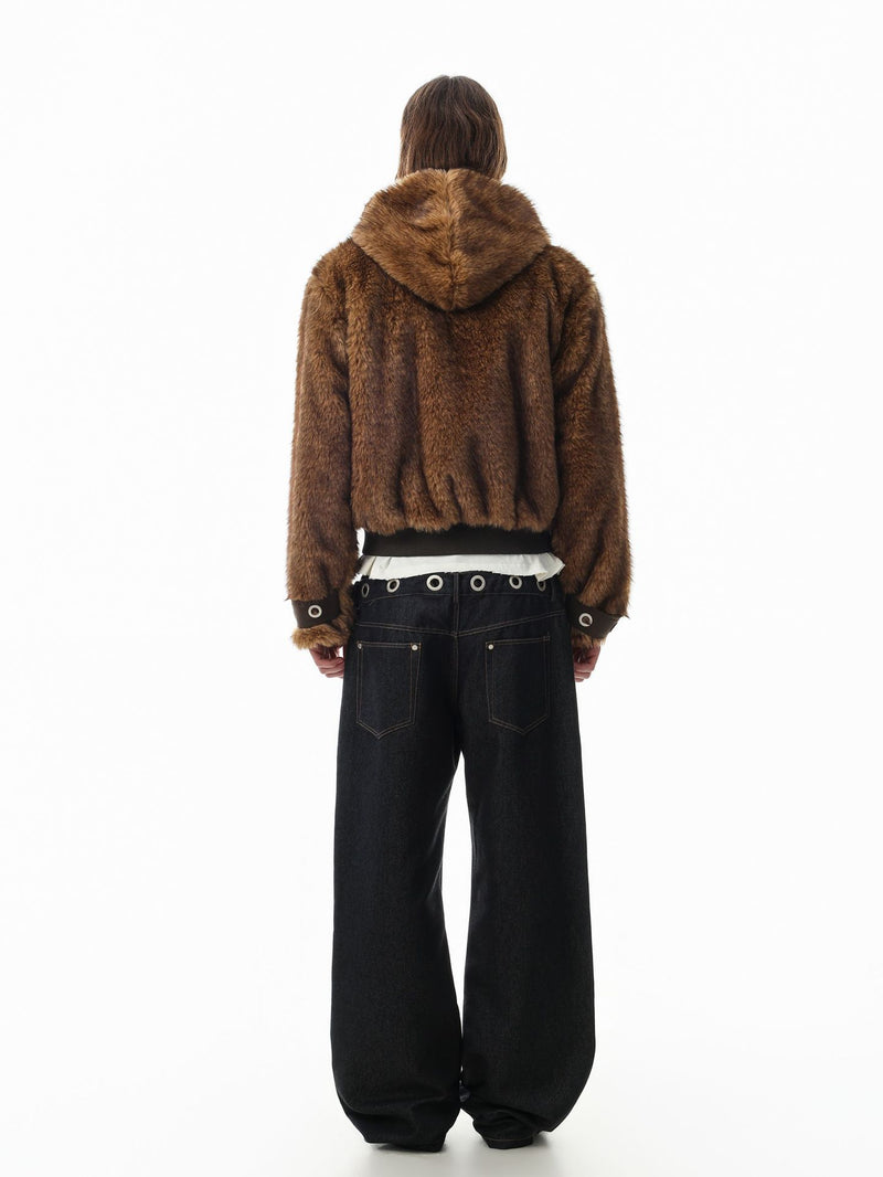 Faux Fur Hooded Bomber Jacket – Brown Oversized Winter Coat with Grommet Cuffs