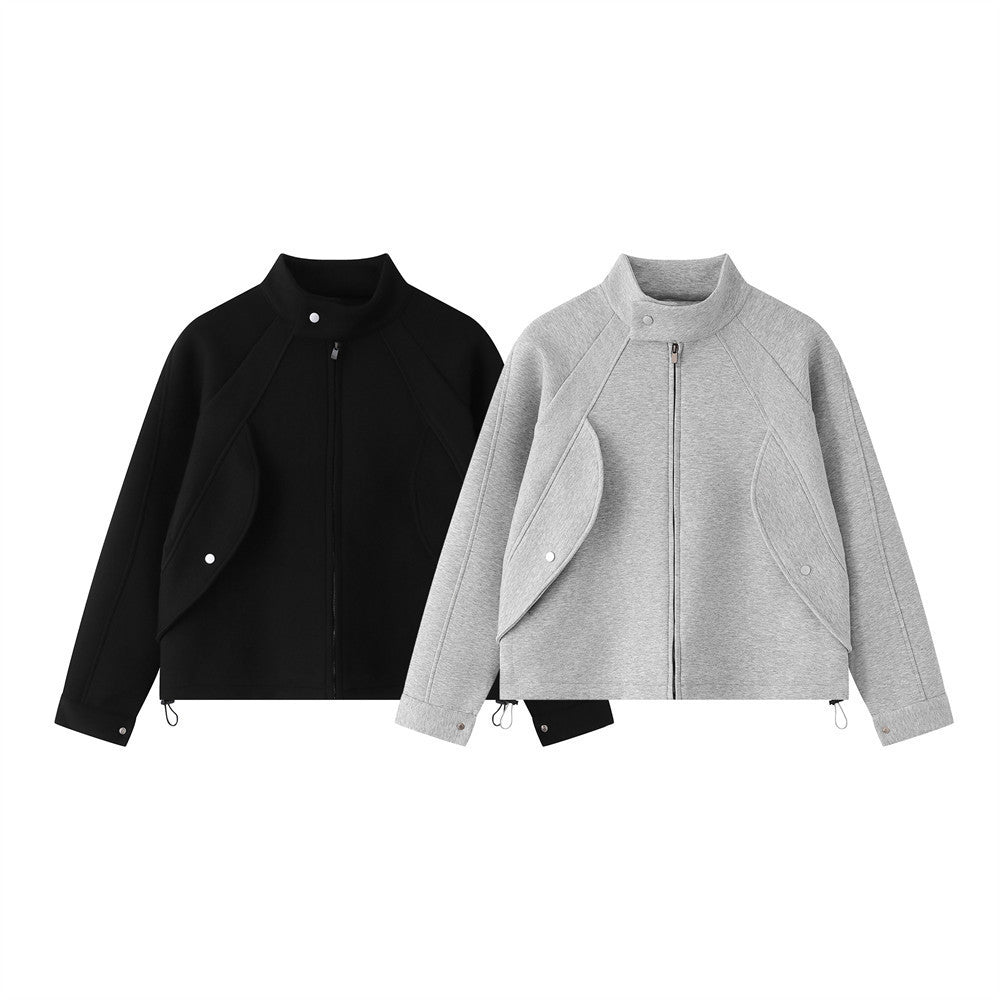 Stand Collar Zip-Up Jacket – Relaxed Fit with Drawstring Hem & Snap Detail