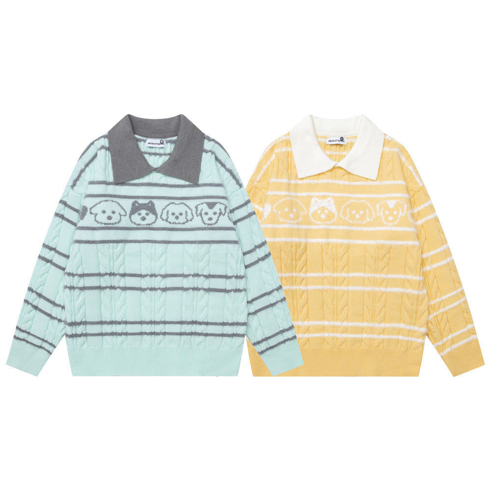 Gestreifter Zopfstrickpullover mit Polokragen – Cartoon-Hunde-Jacquard