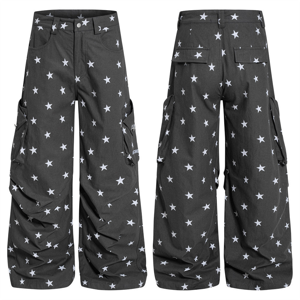 Star Print Wide-Leg Cargo Pants – Relaxed Fit Parachute Trousers