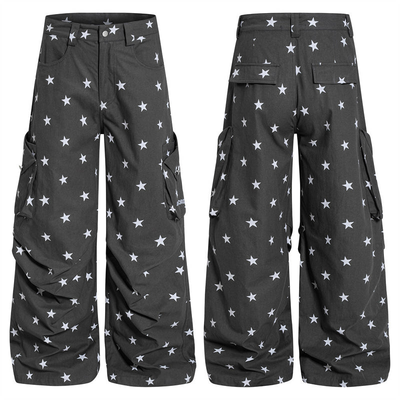 Star Print Wide-Leg Cargo Pants – Relaxed Fit Parachute Trousers