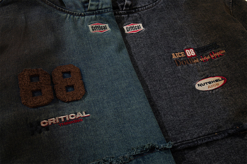 Boxy Washed Denim Hoodie Jacket with 88 Embroidered Patches