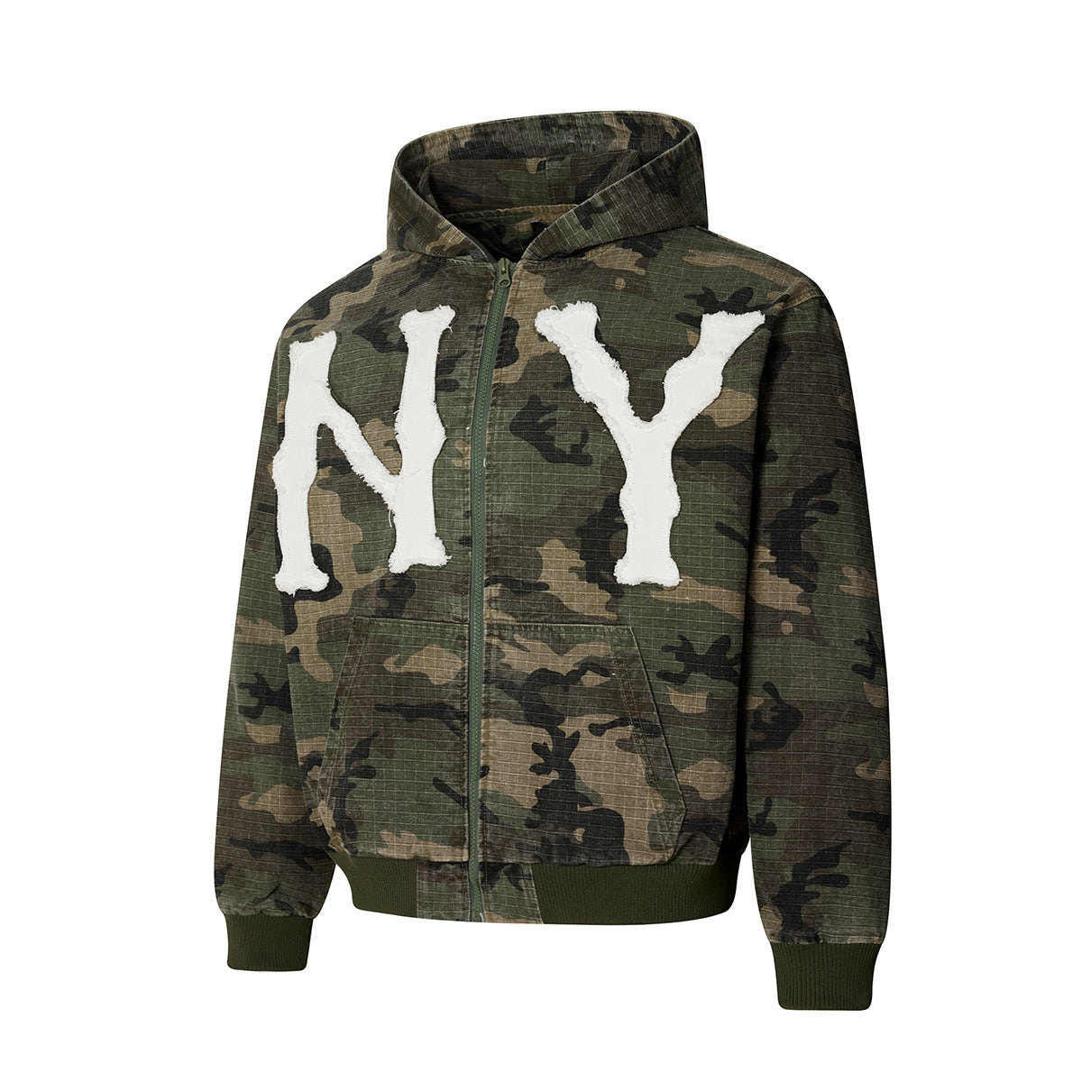 Camo NY Zip-Up Hoodie Jacket with Chenille Patch Letters