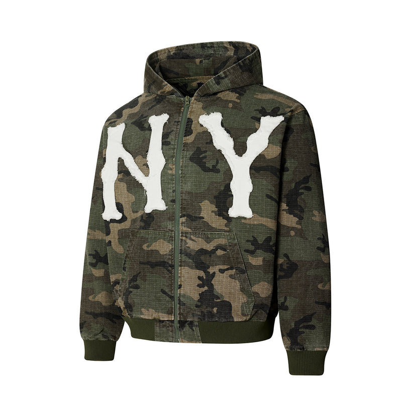 Camo NY Zip-Up Hoodie Jacket with Chenille Patch Letters