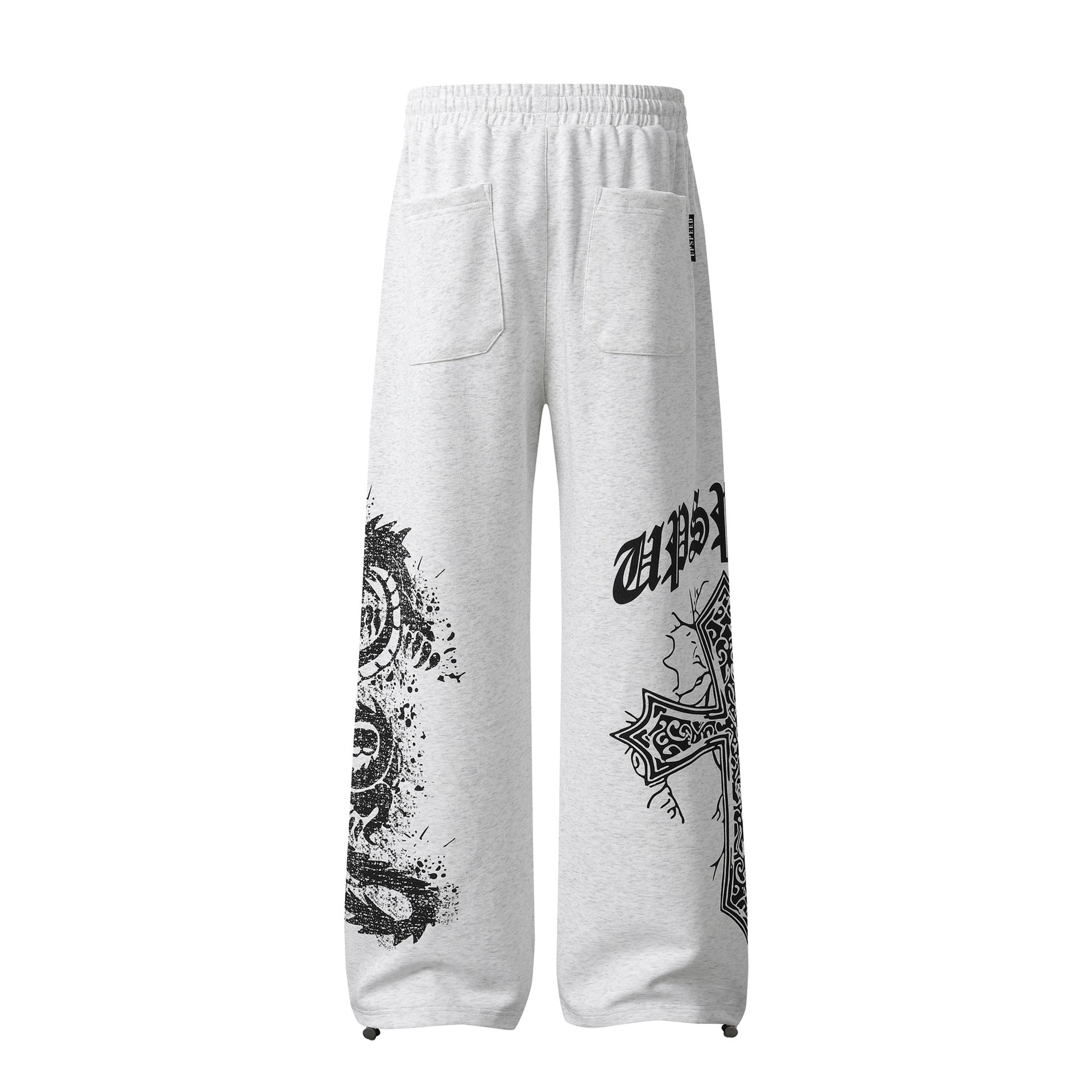 Pantalon de survêtement gothique à jambes larges avec motif croix, gris chiné clair et noir, imprimé éclaboussures d’encre et taille à cordon