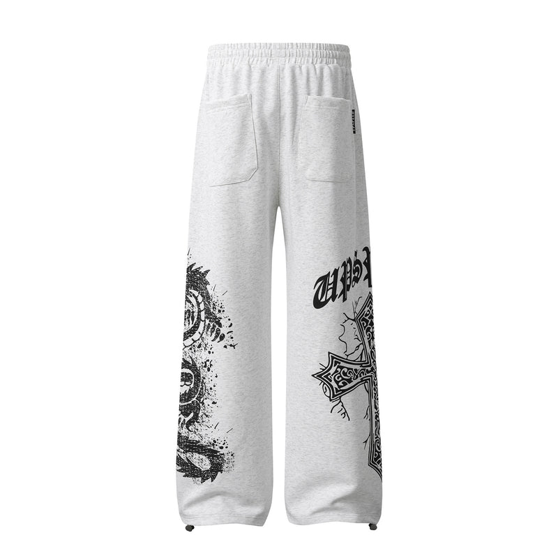 Pantalon de survêtement gothique à jambes larges avec motif croix, gris chiné clair et noir, imprimé éclaboussures d’encre et taille à cordon